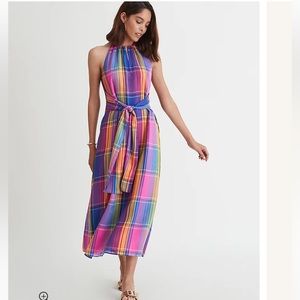 NWT Ann Taylor Tall Madras Plaid Belted Halter Dress sz 2